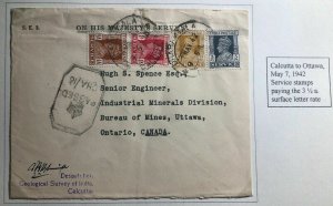 1943 Calcutta India On His Majesty Service Censored Cover To Ottawa Canada