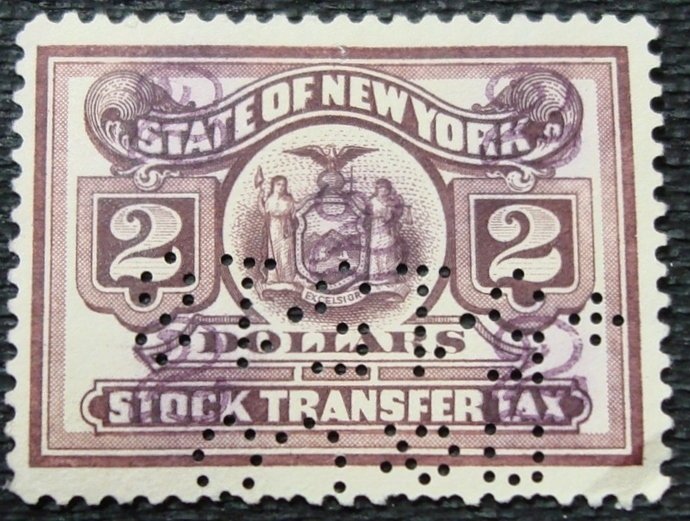 US New York State Stock Transfer $2 Used Perfin Single