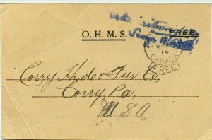 FREE frank 1914 OHMS with signature to USA, cover  Canada