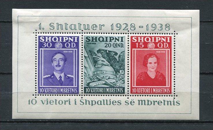 Albania 1938  Souvenir Sheet Mi Block 3 Sc 298 MH 10th Aniv. Of Royal Rule