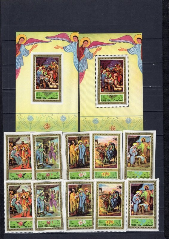FUJEIRA 1971 RELIGIOUS PAINTINGS 2 SETS OF 5 STAMPS & 2 S/S PERF. & IMPERF. MNH