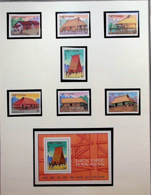 NORTH VIETNAM Sc 1648-55 NH PERF+IMPERF SETS+S/S OF 1986 - OLD HOUSES - (CJ25)