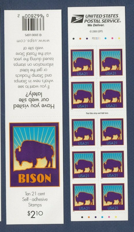 USA - Sc 3484Ag - Plate P22222, perf 10.5x11.25 at Right - 21 cent Bison
