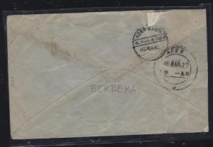 SOMALILAND COVER (P0312B)   KGV 1A PR ON COVER BERBERA TO ADEN, B/S