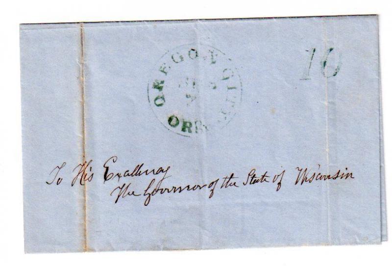  US 1851 FL w/ Green Cds and 10 Oregon City ORgn to the Governor of Wisconsin 