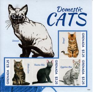 Grenada 2013 MNH Domestic Cats 4v M/S Pets Bengal Maine Coon Russian Blue Stamps