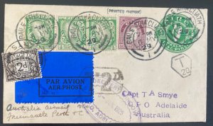 1929 Dublin Ireland Airmail Stationery Uprated Cover To Australia Capt Smye