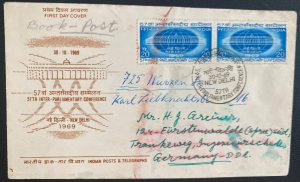 1969 New Delhi India First Day Airmail Cover To DDR Germany Parliamentary Confer