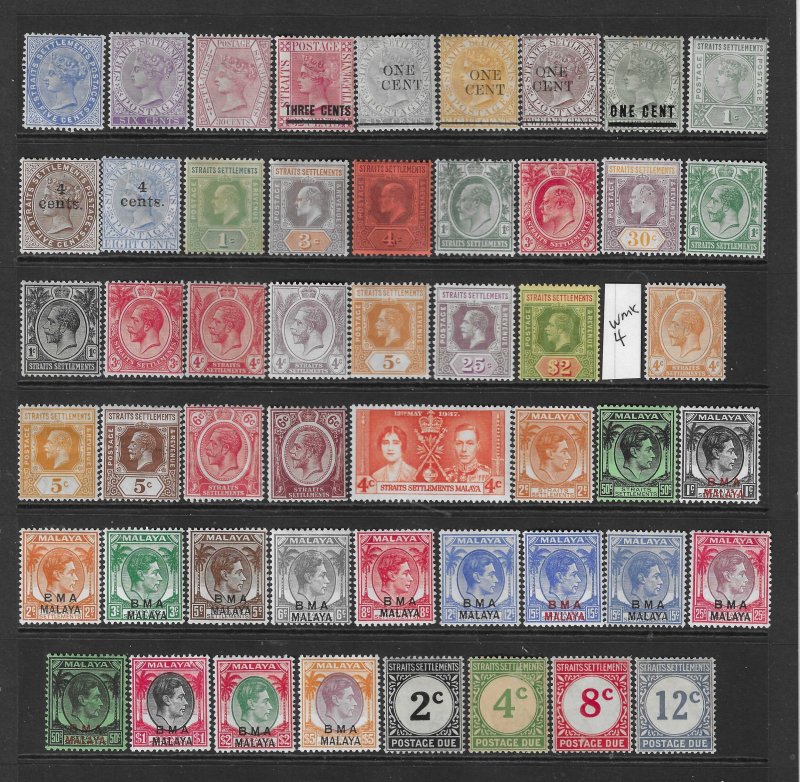 STRAITS SETTLEMENTS 50+ STAMPS SCOTT #45 TO 188-89 ALL MINT HINGED