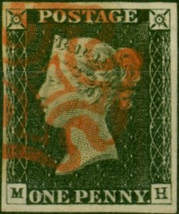 GB 1840 1d Penny Black SG2 Pl. 5 (M-H) Superb Used Crisp Clean Red MX Very Fr...