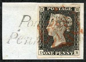 Penny Black (DB) Plate 2 tide to piece by Poulton/Penny Post and Red Cross