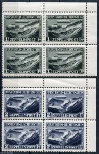 LIECHTENSTEIN ZEPPELIN CORNER BLOCK SET SC#C7/8  MICHEL#114/15 MINT NEVER HINGED