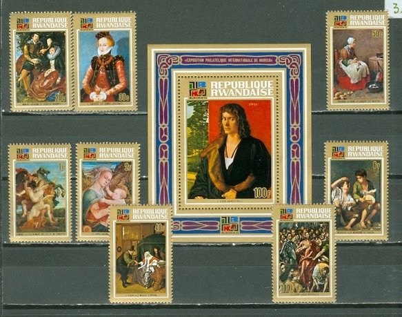 RWANDA 1973 PAINTINGS #523-31...SET + SOUV. SHEET ...MNH...$9.25
