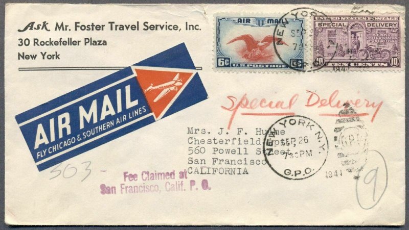 1941 Air Special Delivery Cover: Chicago & Southern Air Line Air Mail Etiquette