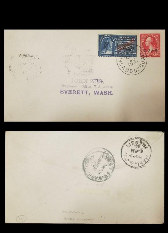 L) 1901 USA, WASHINGTON A157, 2C, GUAM, COVER TO WITH A 2 RED AND A 10 CTS BLUE