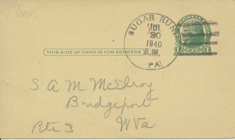 Sugar Run Pennsylvania 1940 cancel on postal card