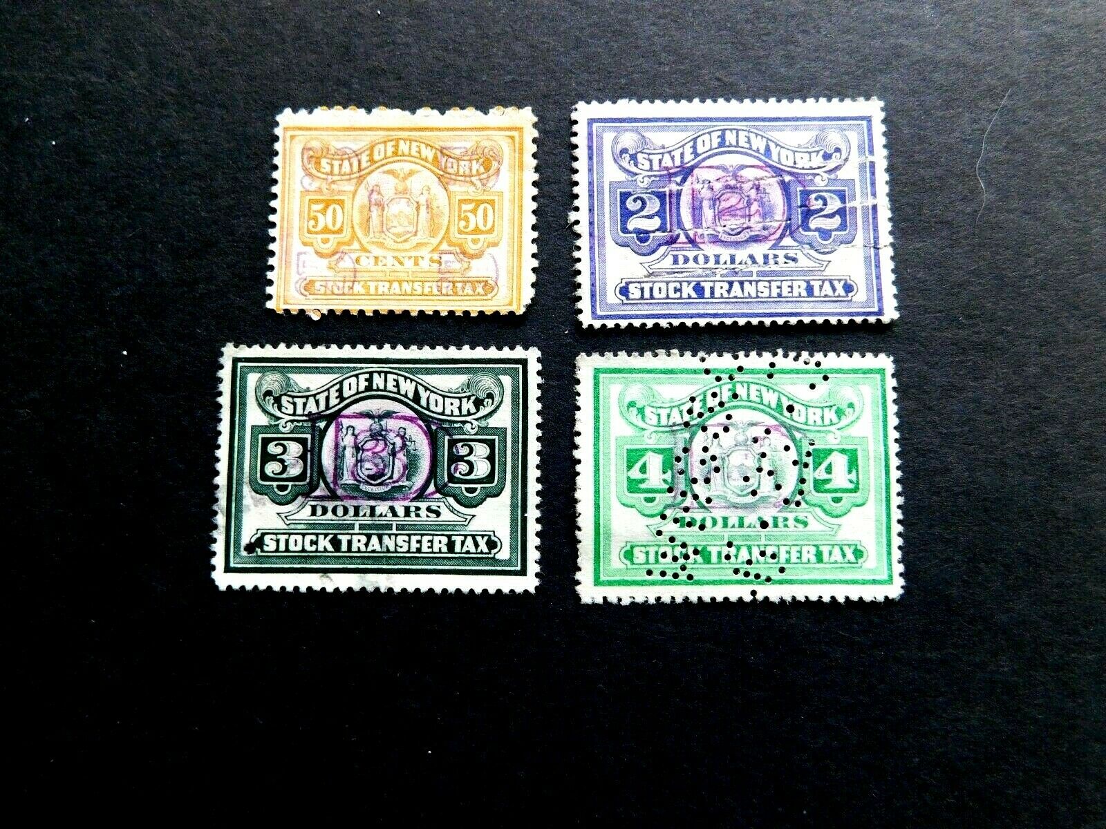 New York Stock Transfer Stamps, 4 different, 50c, 2, 3, 4. Used/Fine