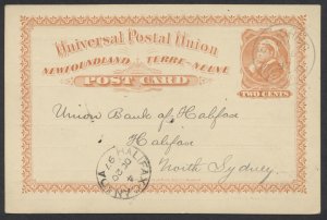 1897 Newfoundland 2c UPU Card St John's to Halifax NS Merchants Bank Message