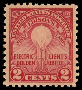 US Sc 654 VF/MNH - 1929 2¢ - Edison's First Lamp - Flate Press, Perf 11