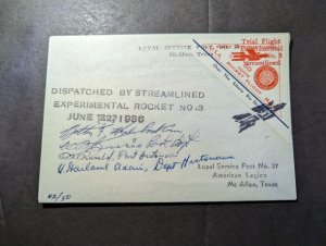 1936 USA Trial Flight Rocket Mail #3 Cover to McAllen TX Pilot Signed 3