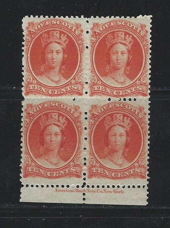 NOVA SCOTIA - #12 - 10c QUEEN VICTORIA INSCRIPTION BLOCK OF 4 (1860) MNH 