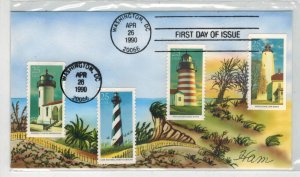 HAM HANDPAINTED EASTERN LIGHTHOUSES  4 STAMPS ON 1 FDC SANDY HOOK QUODDY HEAD