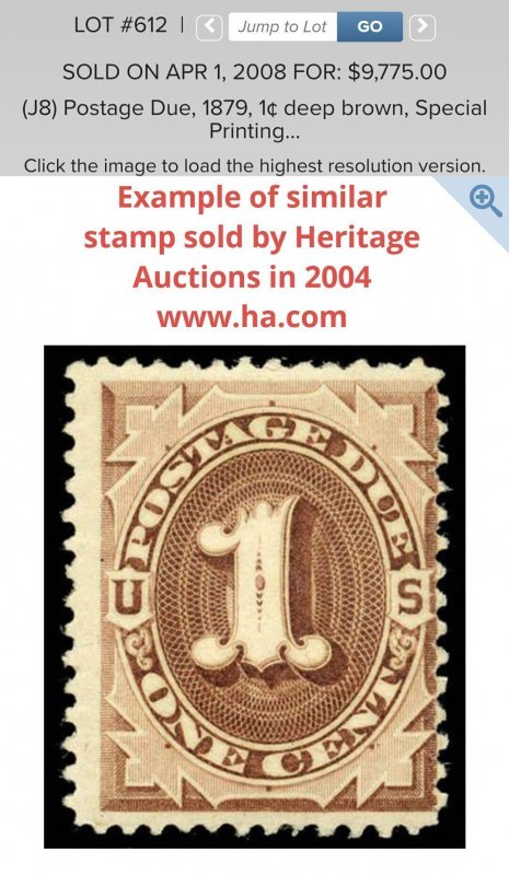 Scott Stamp# J8 - 1879 1¢ Scarce Deep Brown.  MHR, OG.  SCV $16,000.00