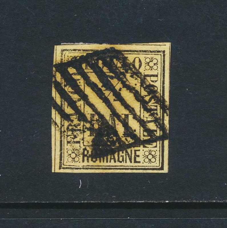 ROMANGNA ITALY 1859, ½b BLACK/STRAW VF USED Sc#1 CAT$360 (SEE BELOW)