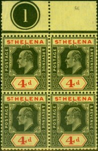 St Helena 1911 4d Black & Red-Yellow SG66b V.F VLMM & MNH Pl 1 Block of 4 