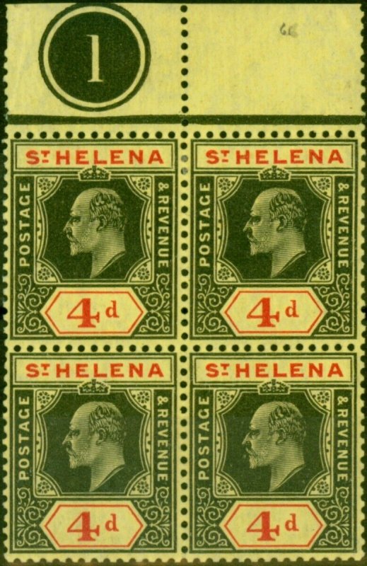 St Helena 1911 4d Black & Red-Yellow SG66b V.F VLMM & MNH Pl 1 Block of 4 