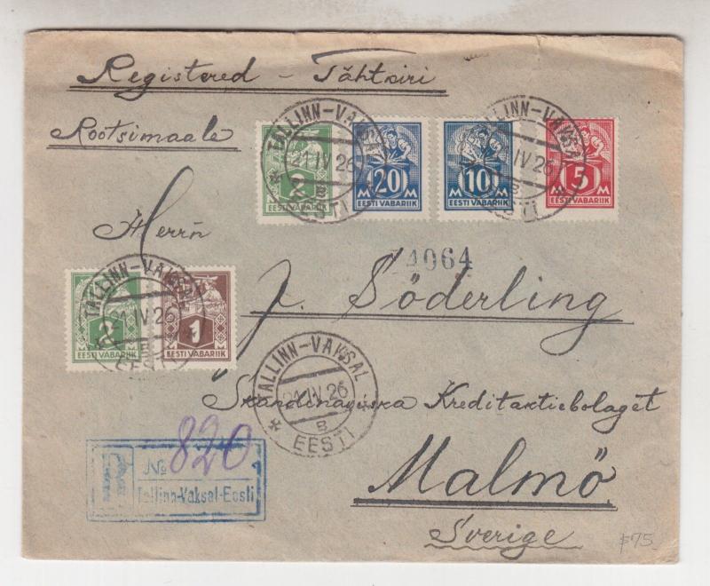 ESTONIA, 1926 Registered cover, various front & back, Tallinn-Vaksal to Sweden.