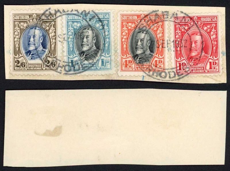 Southern Rhodesia SG26 2/6 SG23 1/- SG19 4d and SG16 1d Perf 12 Used on Piece