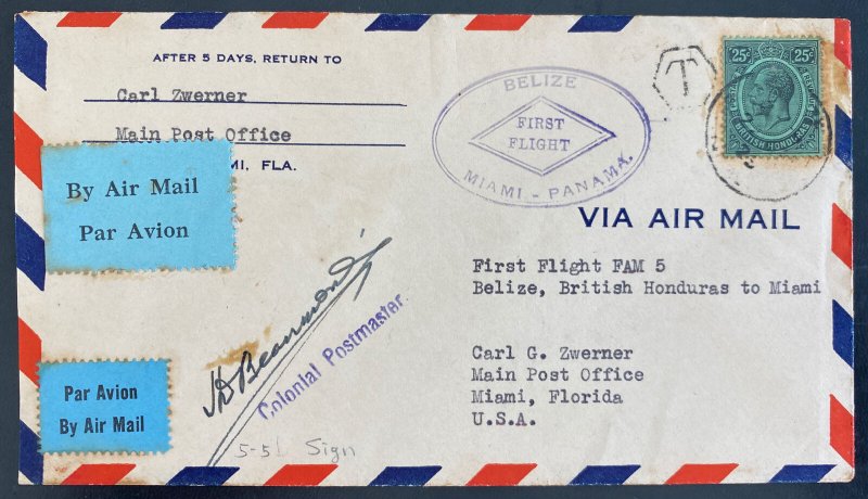 1929 Belize British Hondura First Flight Airmail Cover FFC To Miami FL USA FAM 5 