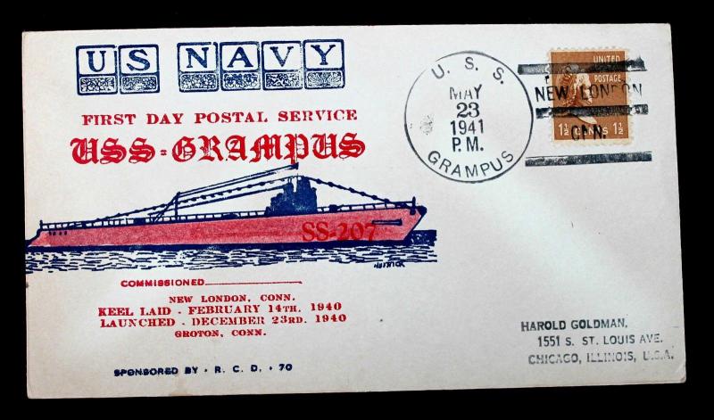 US Stamp Sc# 805 USS GRAMPUS Naval Cover 1st Day in Commission May 23, 1941 SUNK