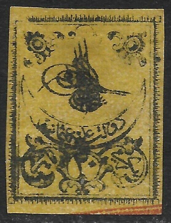 Turkey 1863 Tughra 20pa Black/Yellow on THICK PAPER Scott #6 VG-H CV $250.00