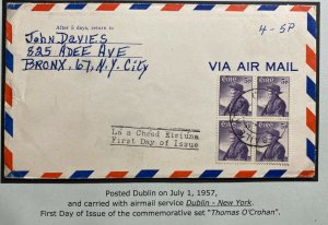 1957 Limerick Ireland Airmail First Day Cover To Bronx NY USA Thomas O’Crohan