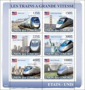 COMORES 2008 SHEET AMERICAN TRAINS TGV HIGH SPEED STATUE LIBERTY cm8101a