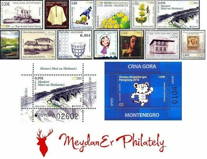 MONTENEGRO/2018, COMPLETE YEAR SET (STAMPS + BLOCKS + FDC'S), MNH 