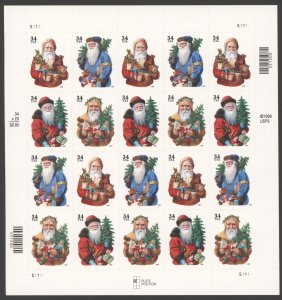 2001 US Scott #3537-40 34¢ 19th Century Santa, Sheet of 20 MNH