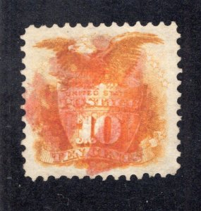 US 1869 10c yellow Shield & Eagle, Scott 116 used red cancel, value = $110.00