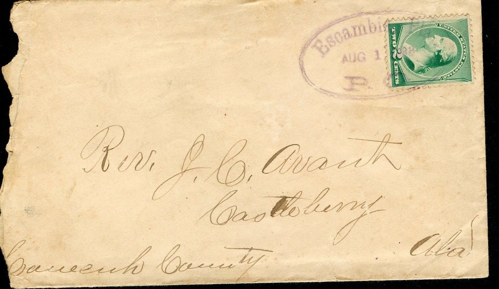 US Rare Escambia, FL 8/1/1888 2c Rate Cover to Castleberry, AL 8/2/88 ...