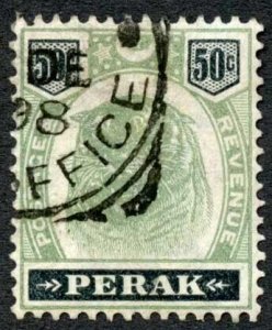 Perak SG75 50c Green and Black Fine used Cat 200 Pounds