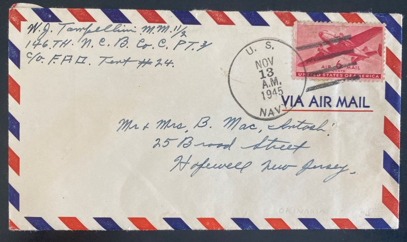 1945 US Navy Post office In Okinawa Ryukyu Japan Cover To Hofewell NJ Usa