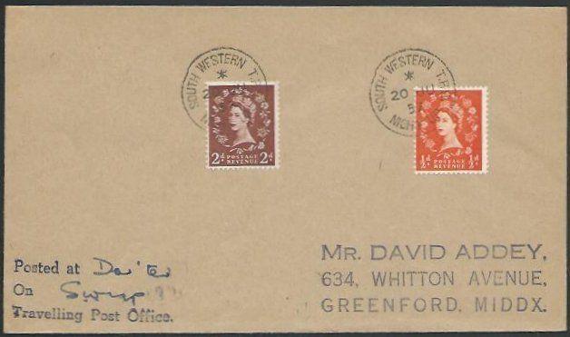 GB 1957 cover SOUTH WESTERN TPO / NIGHT UP railway cancel..................53274