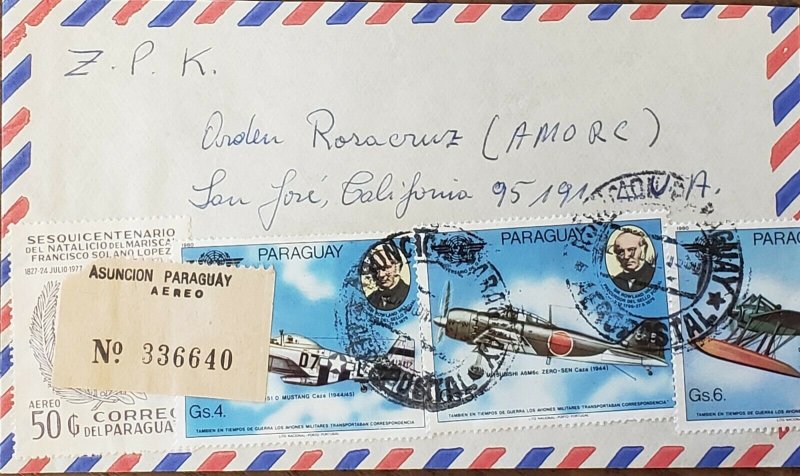 Paraguay 1980 Registered mail To ROSECRUCIAN SAN JOSE. MILITARY planes...