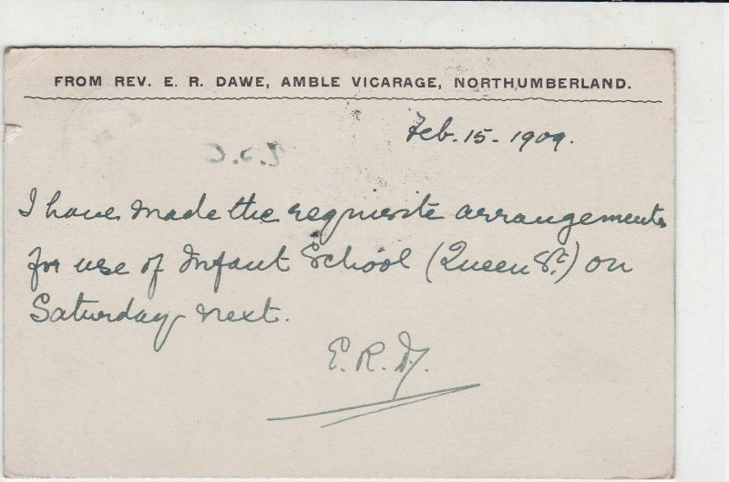 England 1909 Amble Cancel Frm Amble Vicarage Re Infant Sch. Stamp Card Ref 34856
