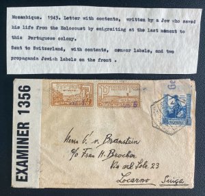 1943 Beira Mozambique Censored Cover To Locarno Switzerland Jewish Labels