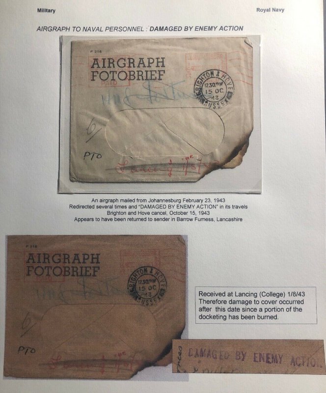 1943 Johannesburg South Africa Navy Airgraph Cover Damaged By Enemy Action