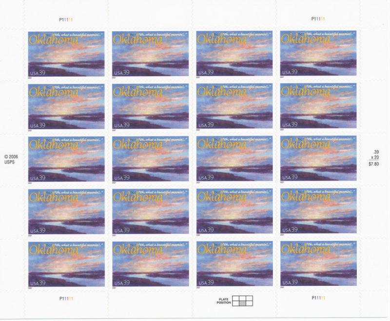 Scott 4121 Oklahoma Statehood, 100th Anniv. Pane of 20 MNH