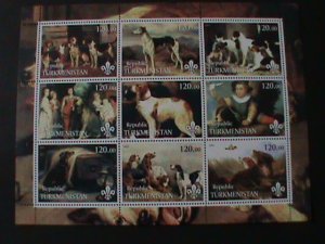 TURKMINISTAN-2001-PAINTINGS-LOVELY DOGS WITH SCOUT LOCO-MNH SHEET-VF-LAST ONE